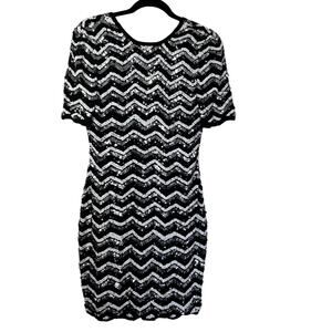 AJ BARI Black‎ Silver Sequin Zigzag Sheath Dress Short Sleeve Evening Size 8
